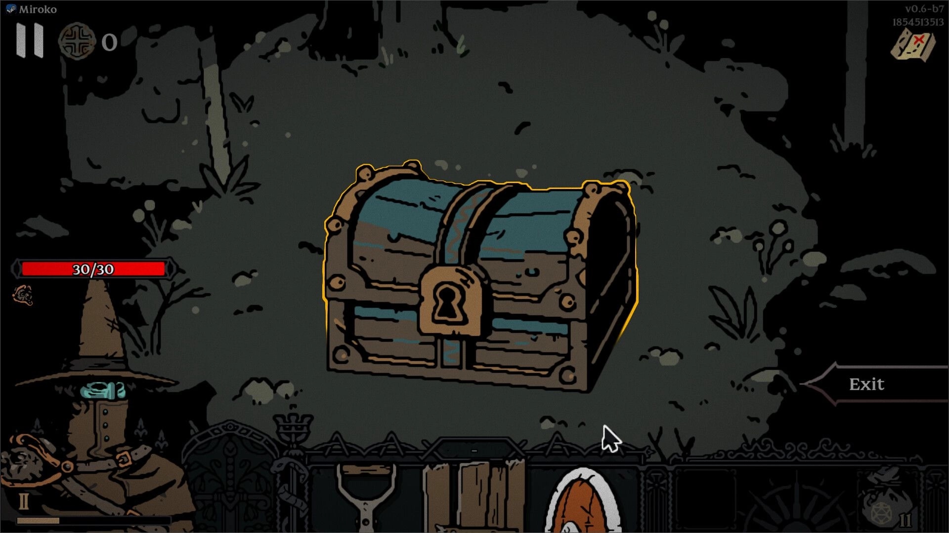 Die For The Lich: Character Miroko in forest with a highlighted treasure chest and health bar visible.
