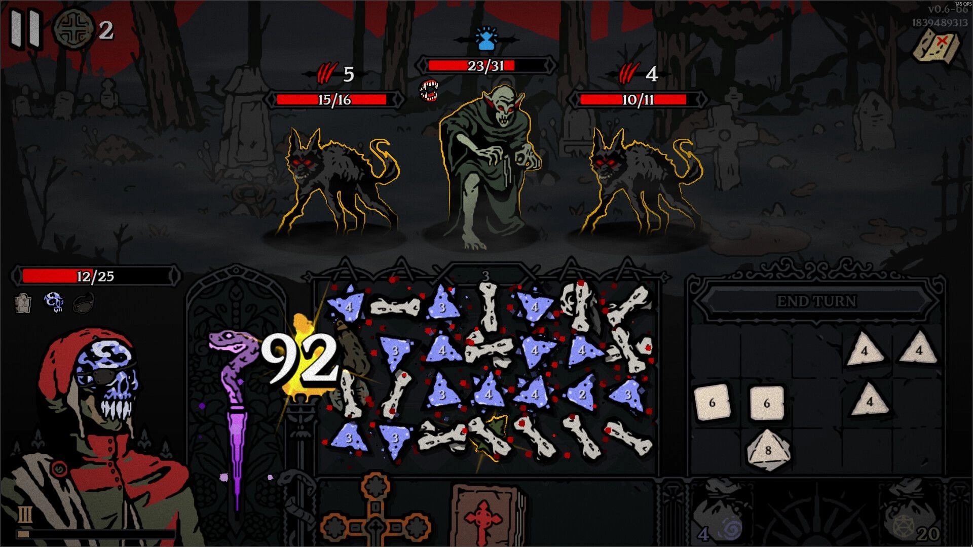 Die For The Lich: Player battles wolves and a ghoul in dark forest with dice and bone tiles visible