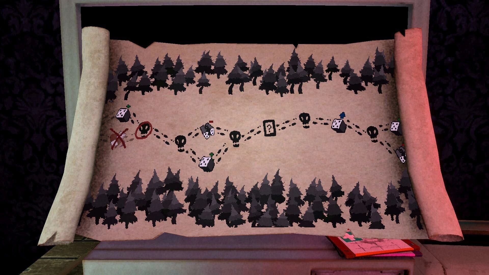 Die to Play: Scroll map with branching dotted path, dice and skull nodes across a dark forest backdrop.