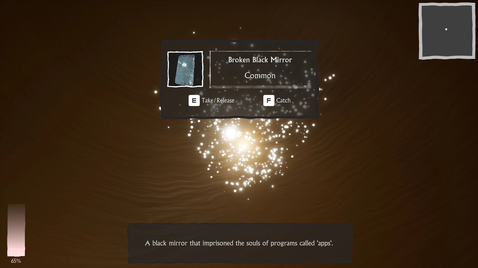 Dig & Decode: Collecting a "Broken Black Mirror" relic with options to take or release in a dark cave.