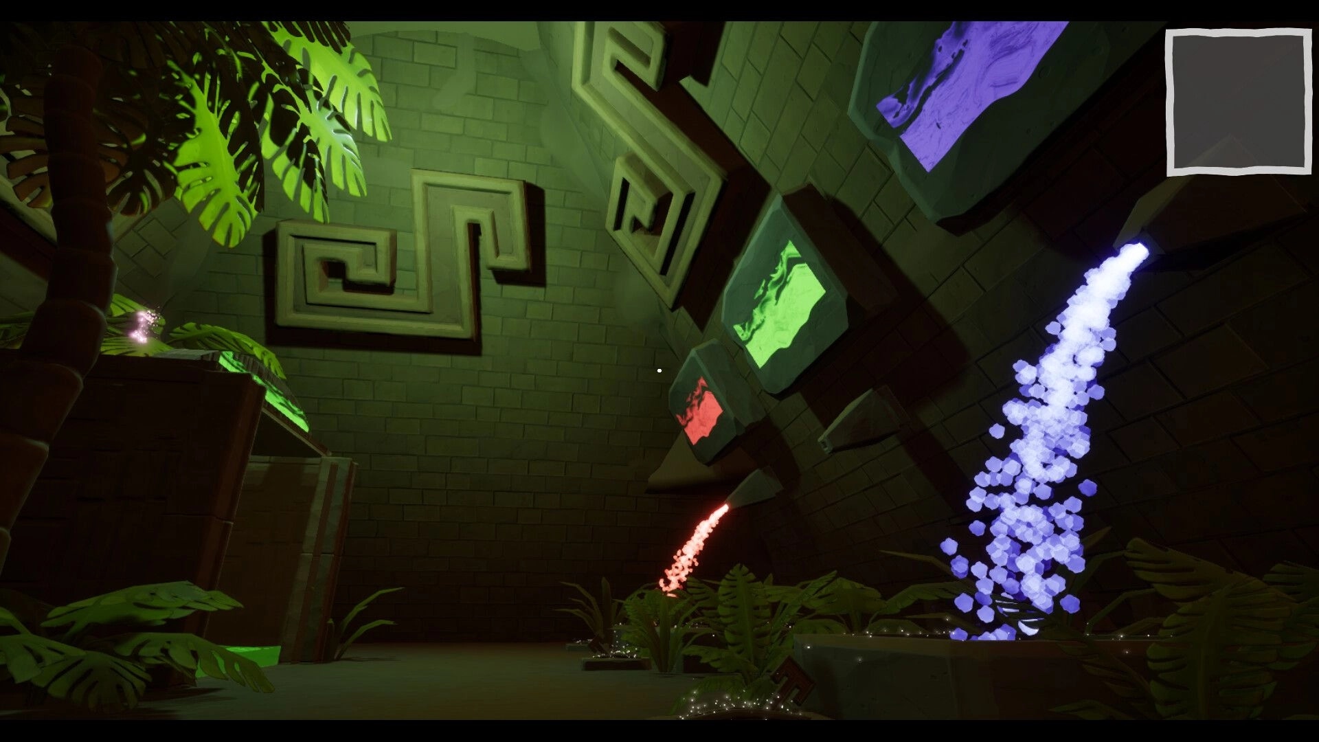 Dig & Decode: Colorful light beams and ancient relics in a lush, overgrown stone chamber