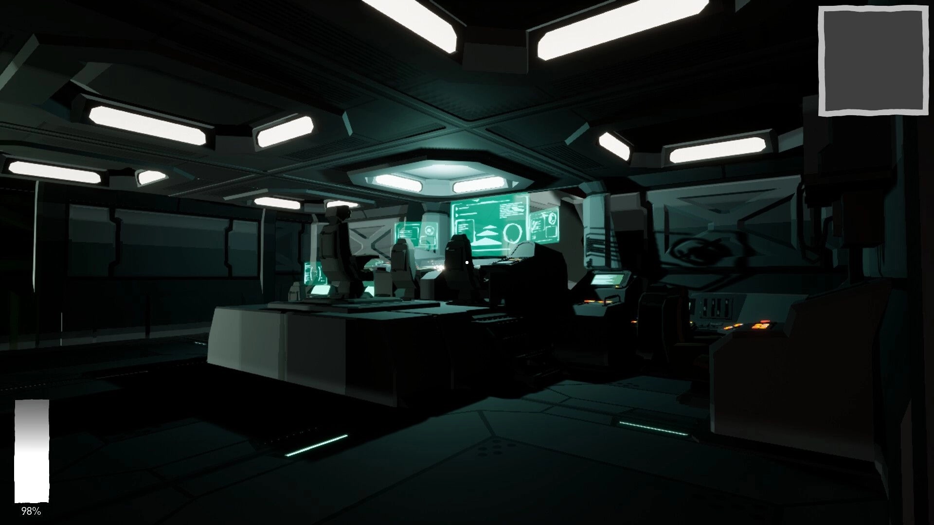 Dig & Decode: Dimly lit spaceship control room with glowing monitors and a 98% progress bar