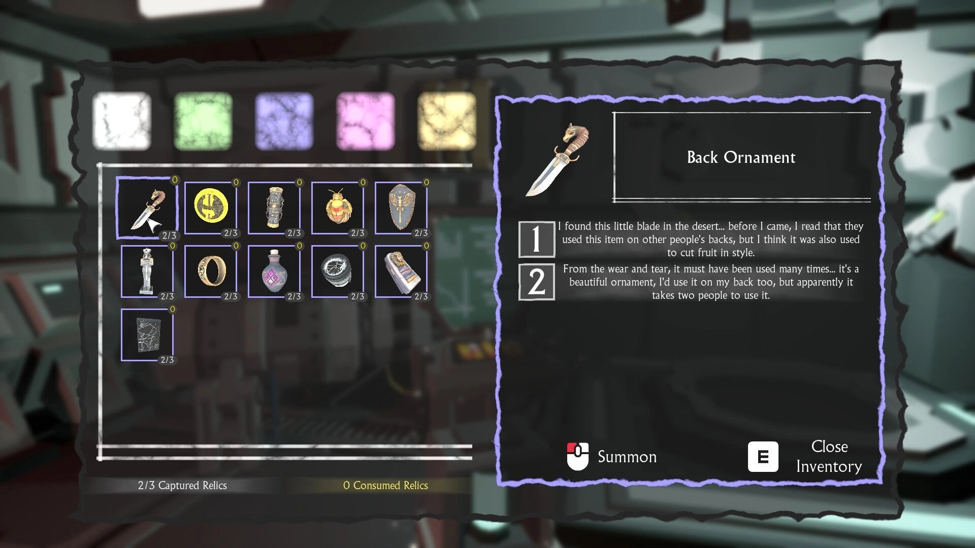 Dig & Decode: Inventory screen with relics and description of "Back Ornament" in a futuristic ship.