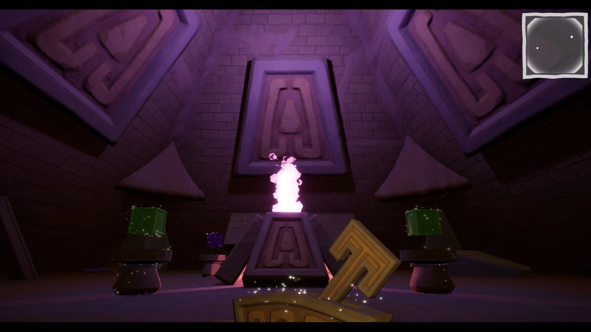 Dig & Decode: Glowing relic pedestal surrounded by mystical symbols in an ancient stone chamber