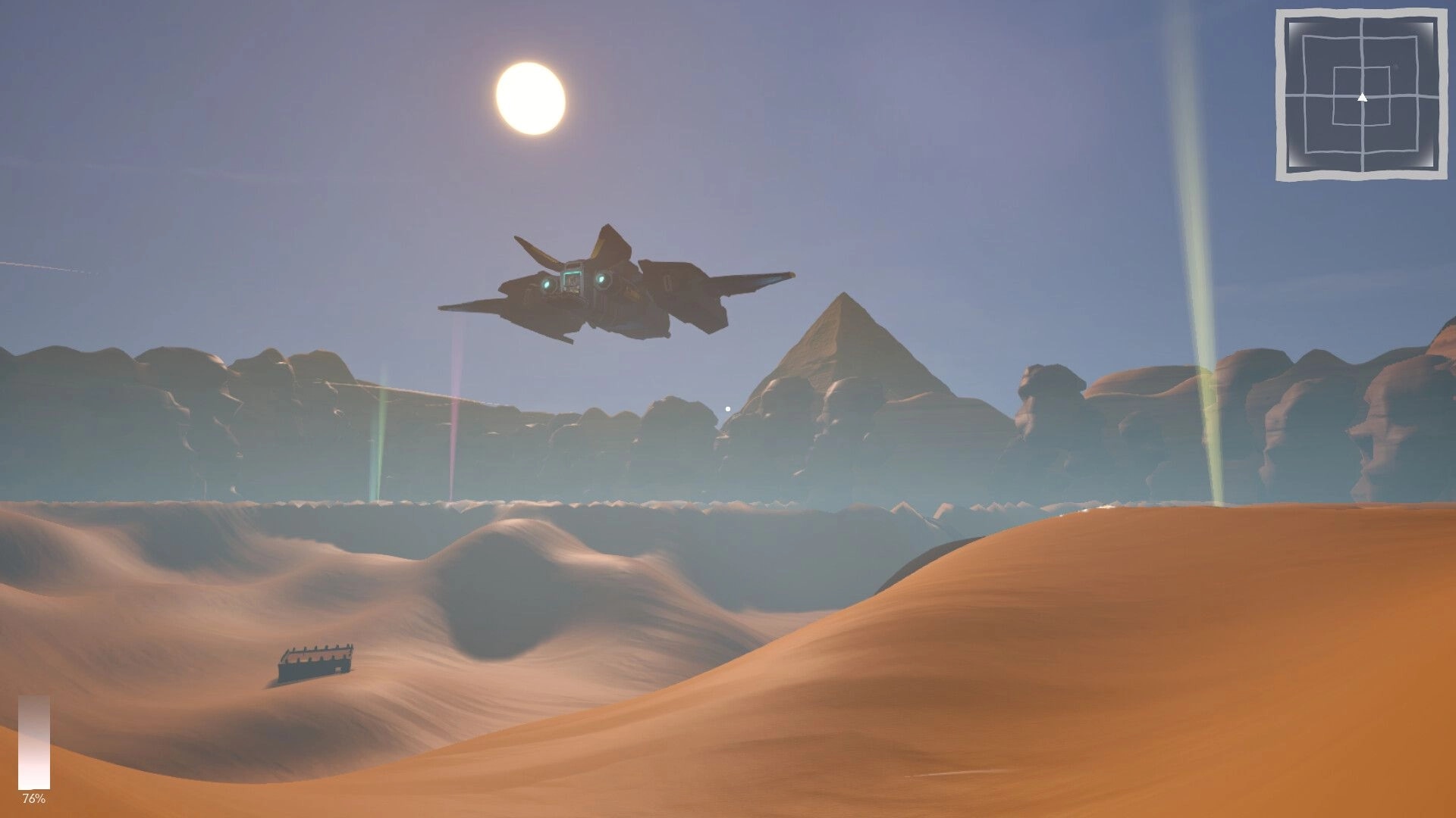 Dig & Decode: Spaceship hovering above desert sands with pyramid in distance, sun high in clear sky