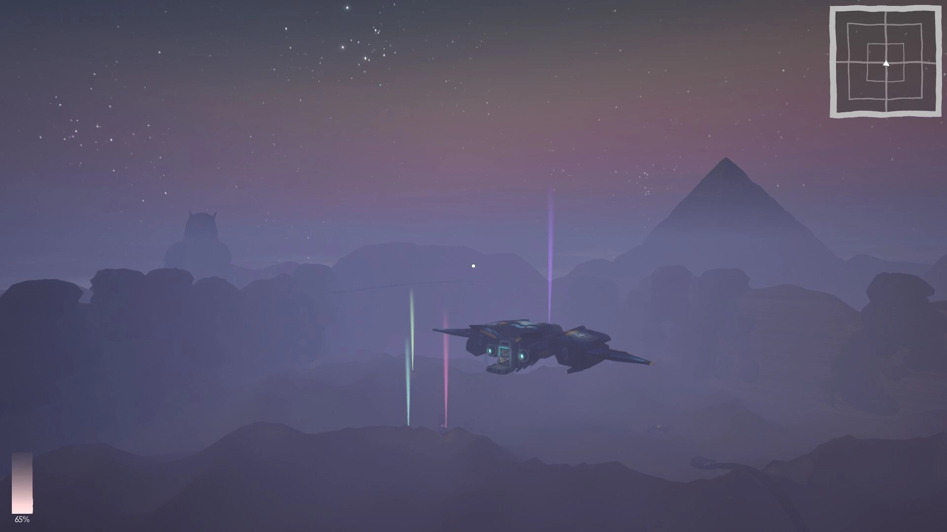 Dig & Decode: Spaceship navigating a misty landscape with map overlay and colorful light beams.