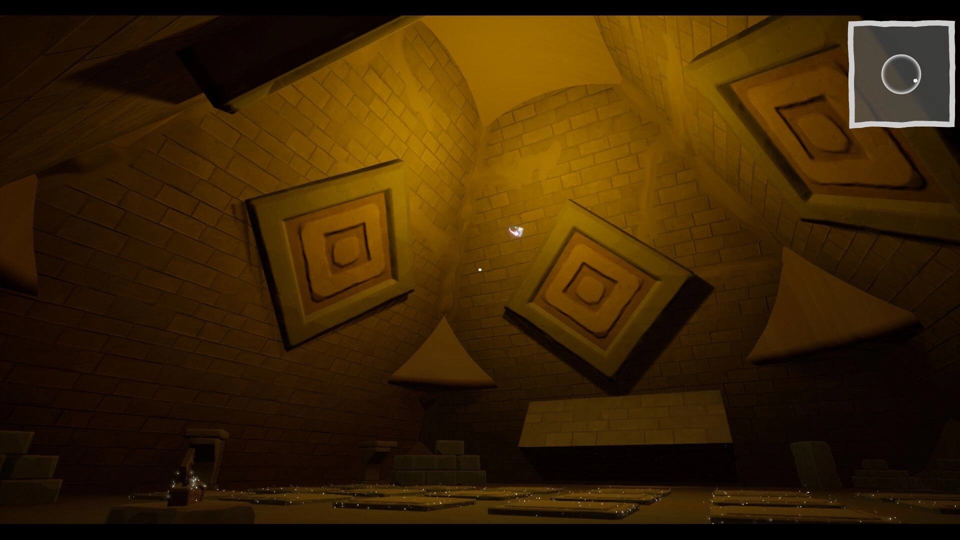 Dig & Decode: Puzzle chamber with geometric wall designs and a corner minimap in a dimly lit room