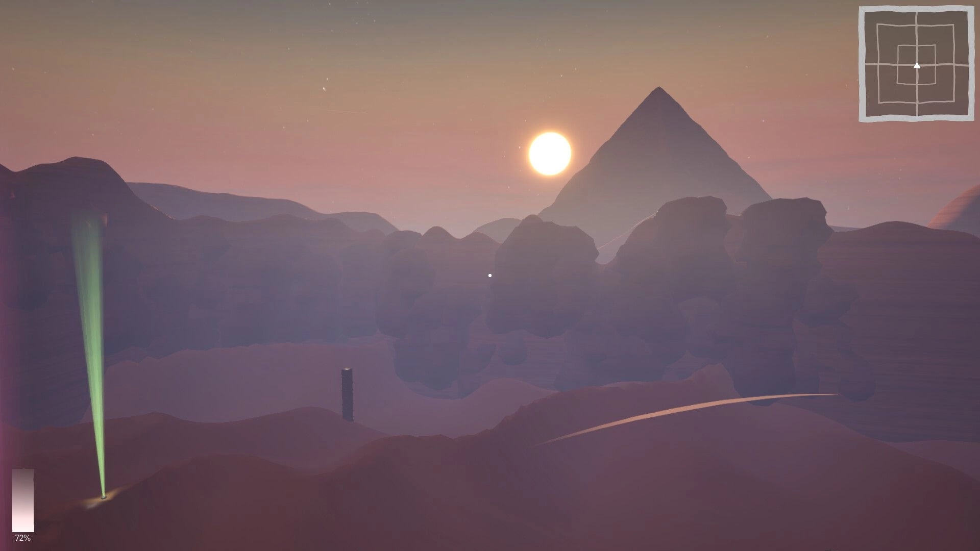 Dig & Decode: Desert landscape at sunset with pyramid, green light beam, and mini-map UI visible