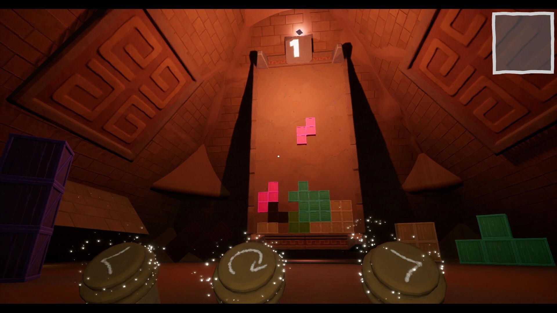 Dig & Decode: Puzzle room with Tetris-like blocks, glowing controls, and ancient brick walls