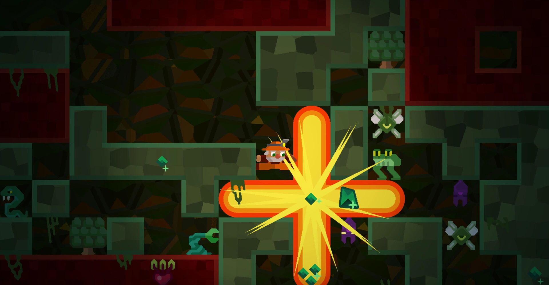 Dig Dig Boom: Miner triggers a cross-shaped blast in tight caves with green crystals and enemies nearby.