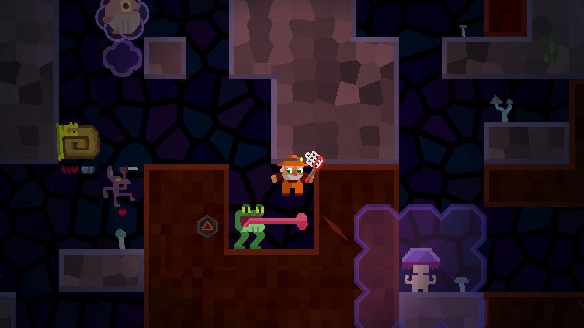 Dig Dig Boom: Miner with net tool faces green lizard enemy in blocky cave with UI icons.