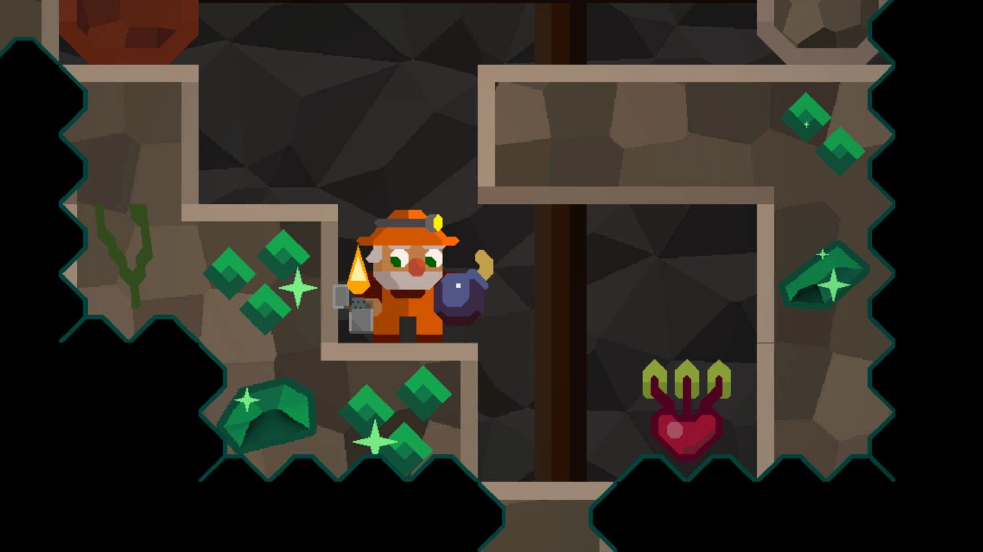 Dig Dig Boom: Miner with headlamp and shield in narrow cave corridor beside green gem clusters.
