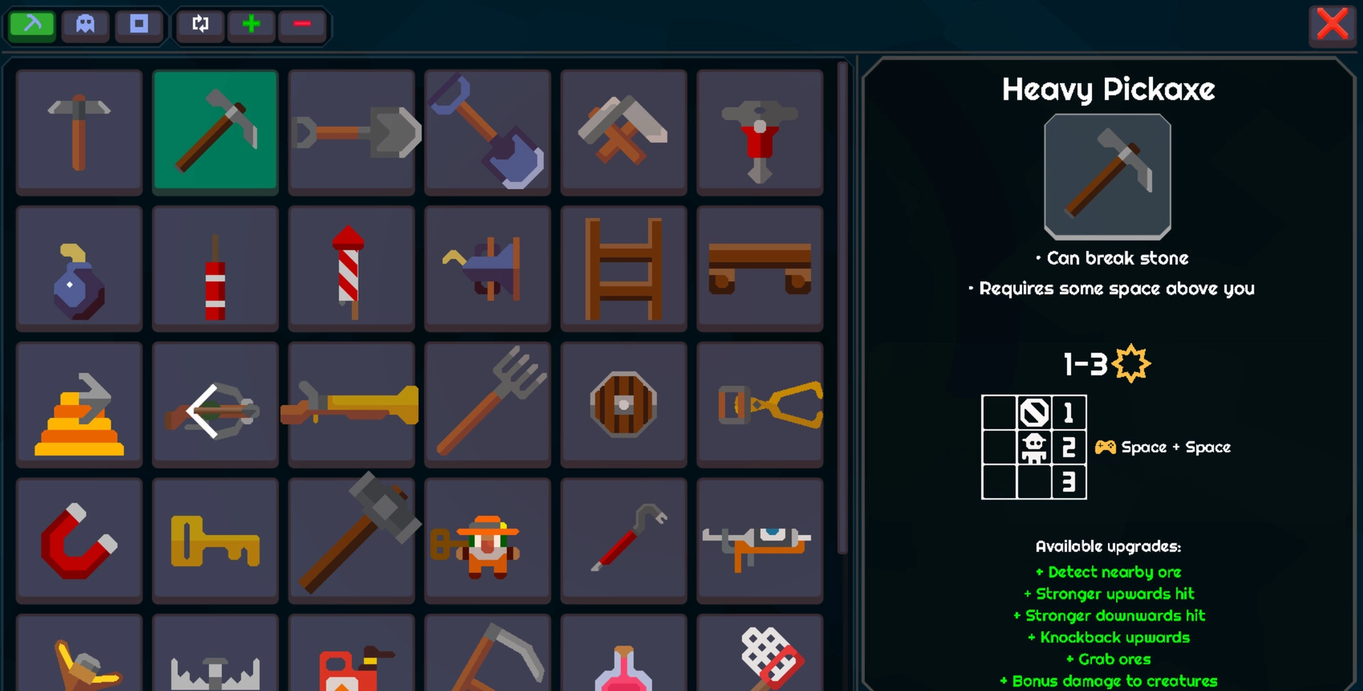 Dig Dig Boom: Inventory grid with tools highlighted, Heavy Pickaxe stats panel on the right UI screen.