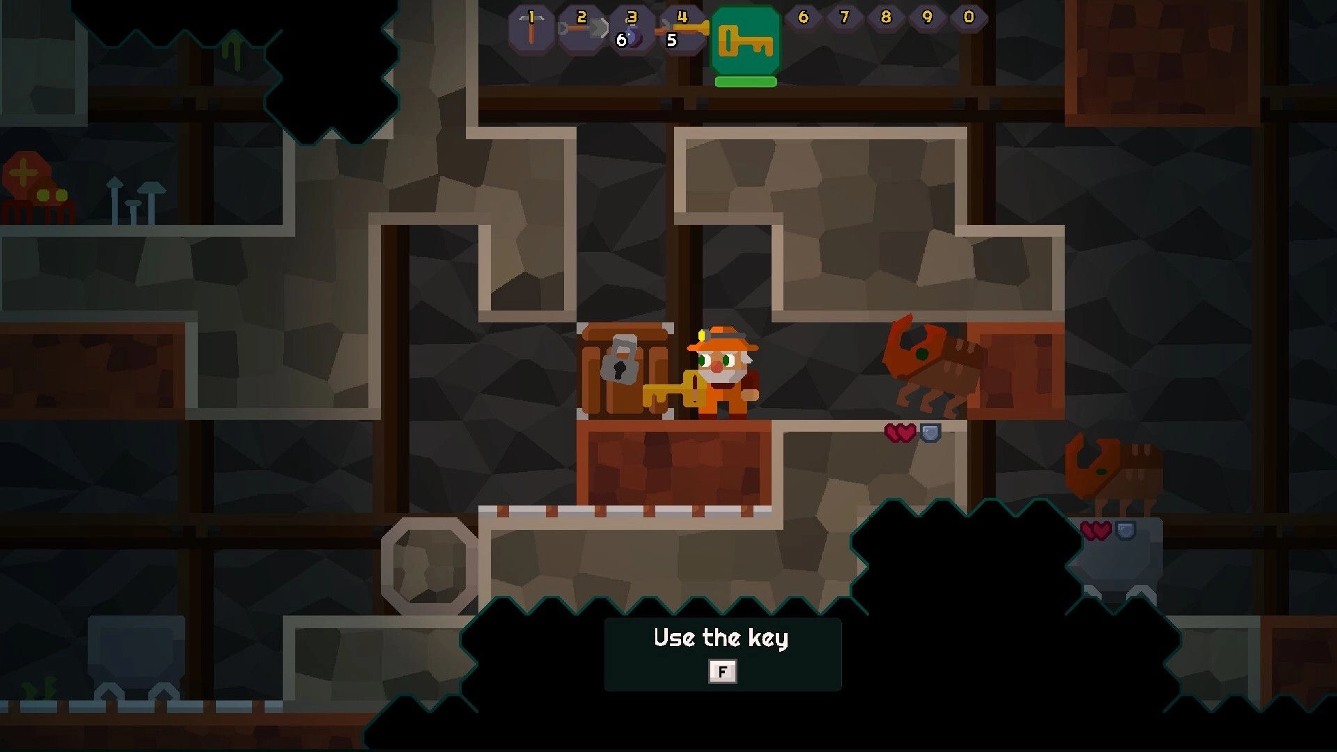 Dig Dig Boom: Miner holds a key by a locked chest as UI prompts "Use the key" in a cave tunnel.