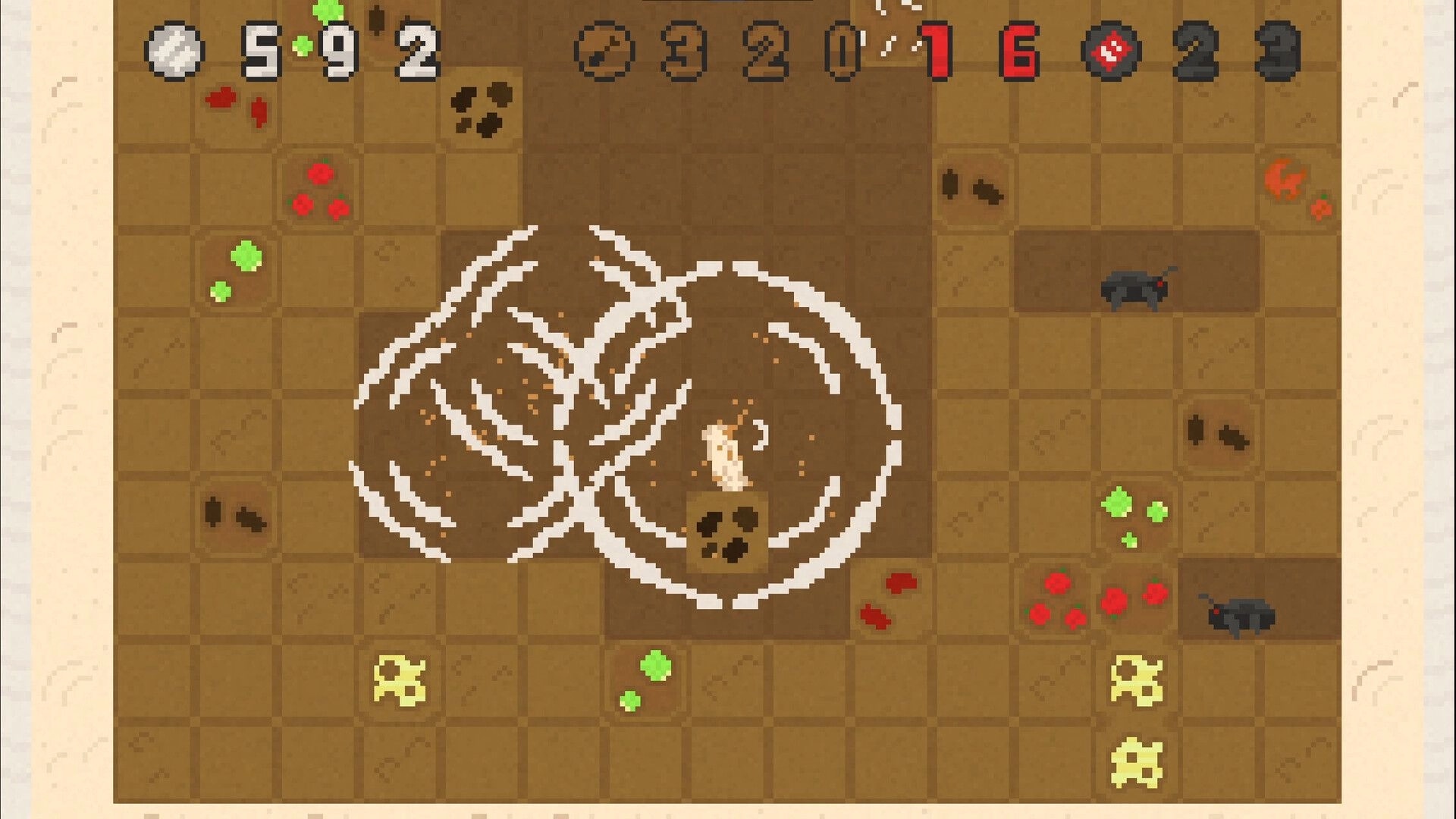 Dig Dig Burrito!: Burrito digs through layered ingredients, avoiding enemies on a grid with score display.