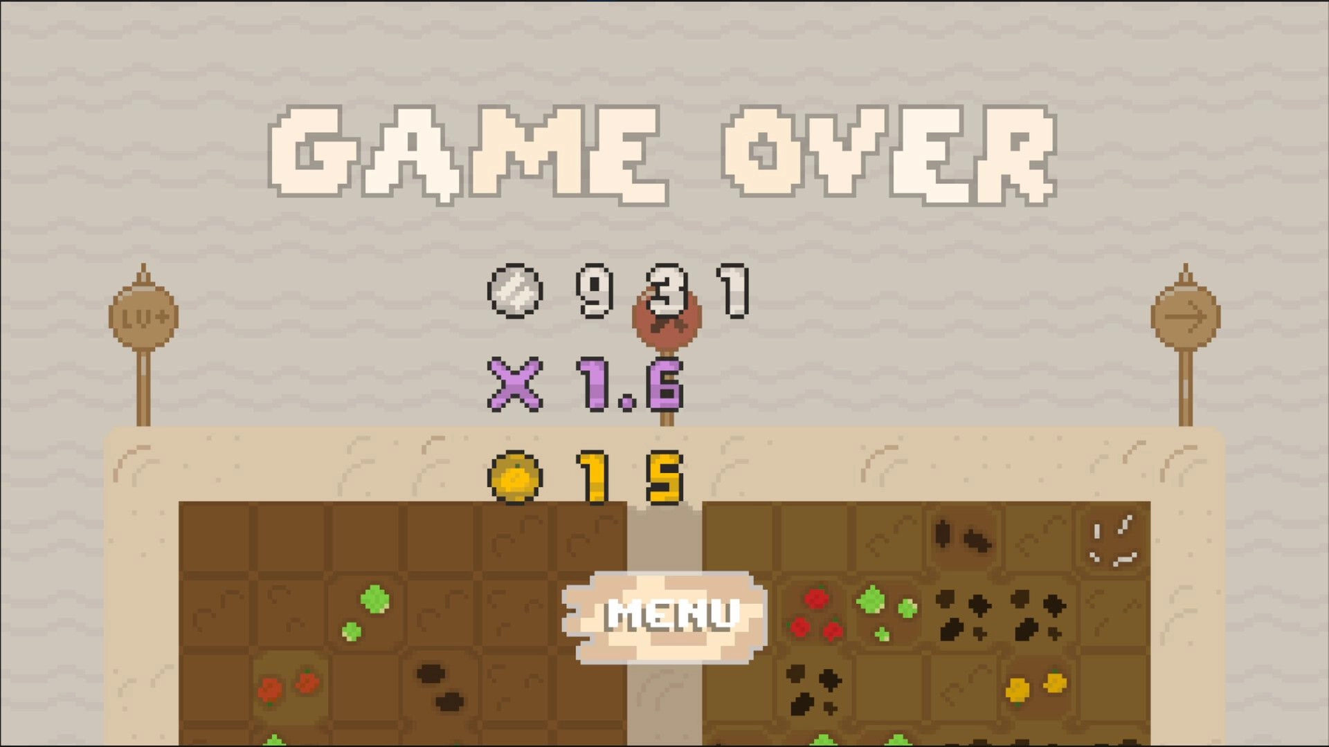 Dig Dig Burrito!: Game over screen with score display and menu button above pixelated burrito terrain.