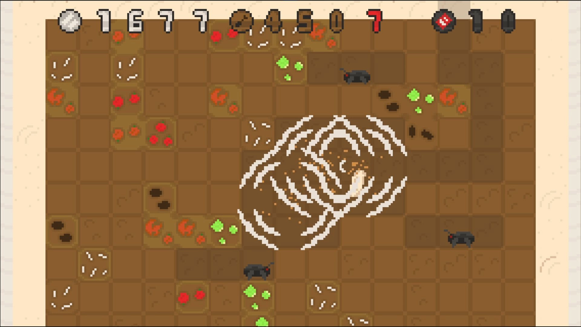 Dig Dig Burrito!: Burrito digging through ingredients avoiding enemies on a grid with score UI on top