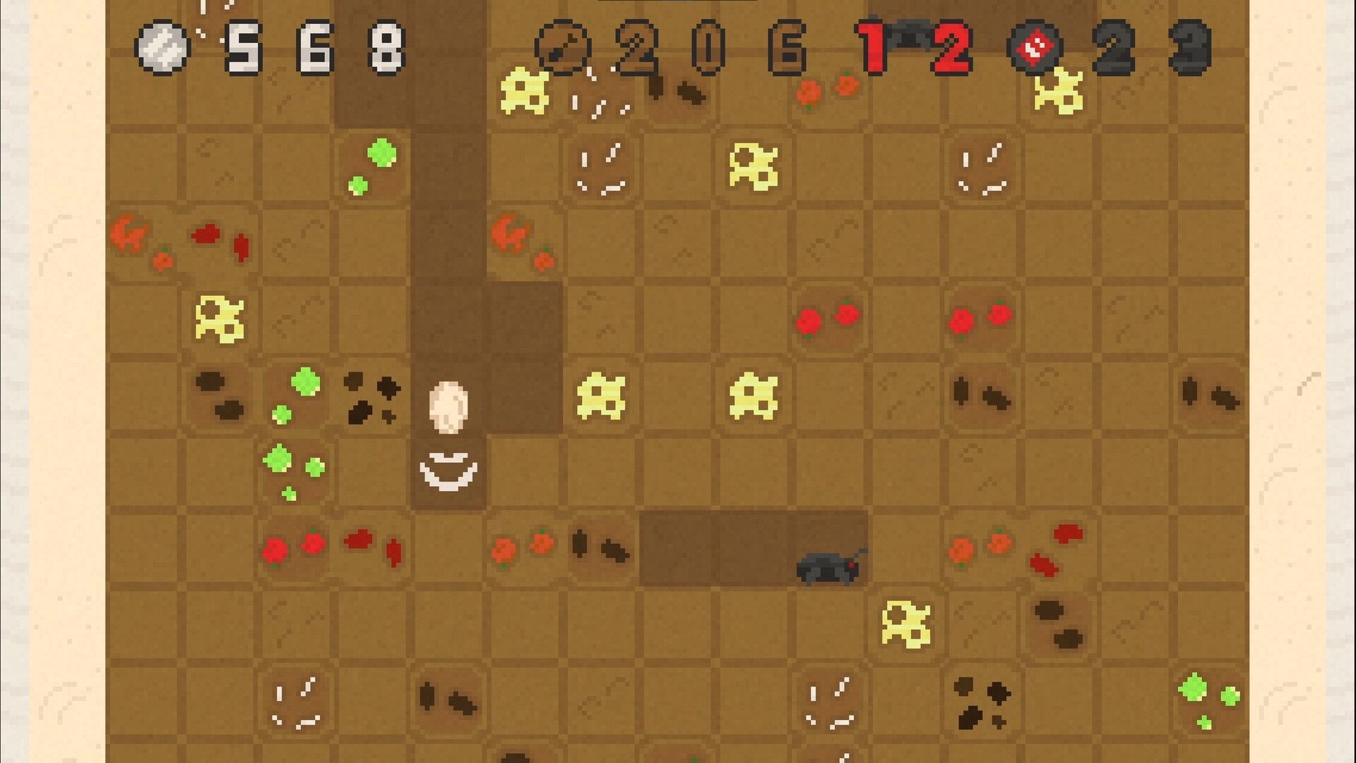 Dig Dig Burrito!: Burrito character navigating grid with obstacles, enemies, and ingredient icons displayed