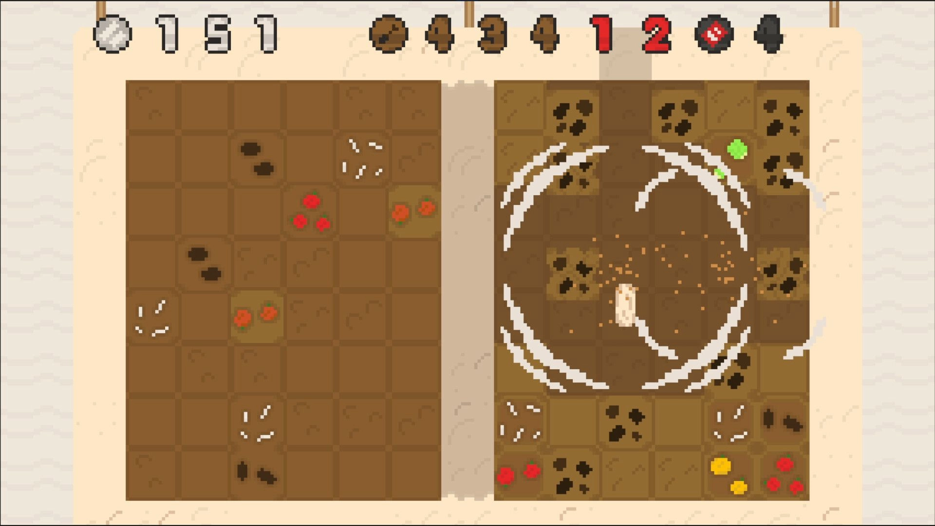 Dig Dig Burrito!: Burrito digging through ingredient tiles with explosions, surrounded by UI score elements.