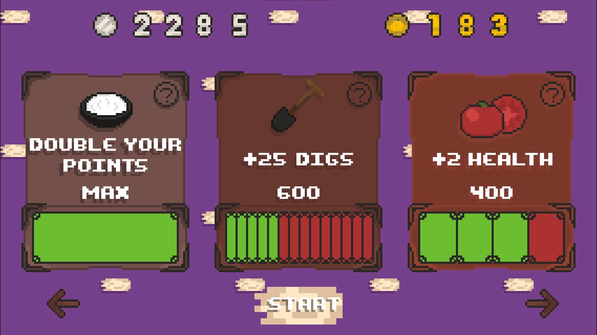 Dig Dig Burrito!: Upgrade menu with options for points, digs, and health on a purple background