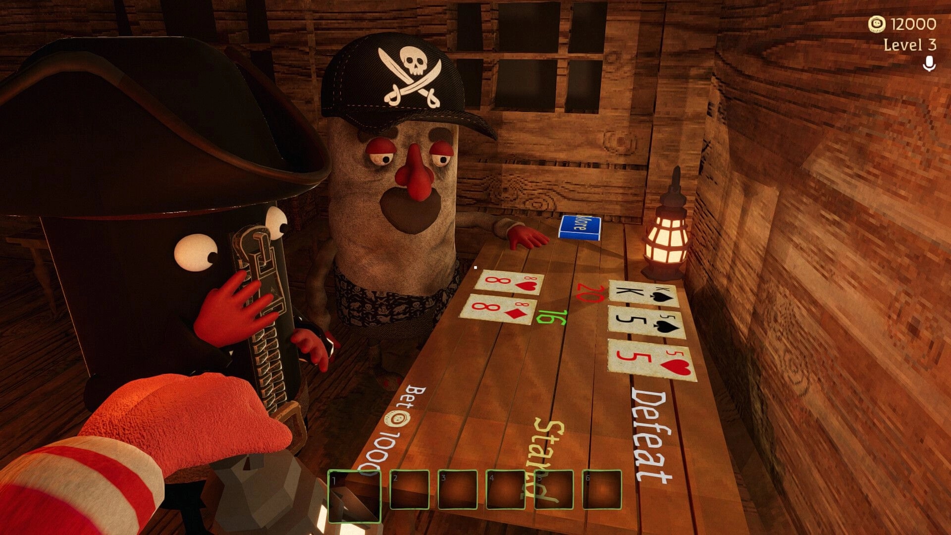 Dig, Dig, Die: Two characters playing cards in a wooden room with visible bet and inventory UI elements.