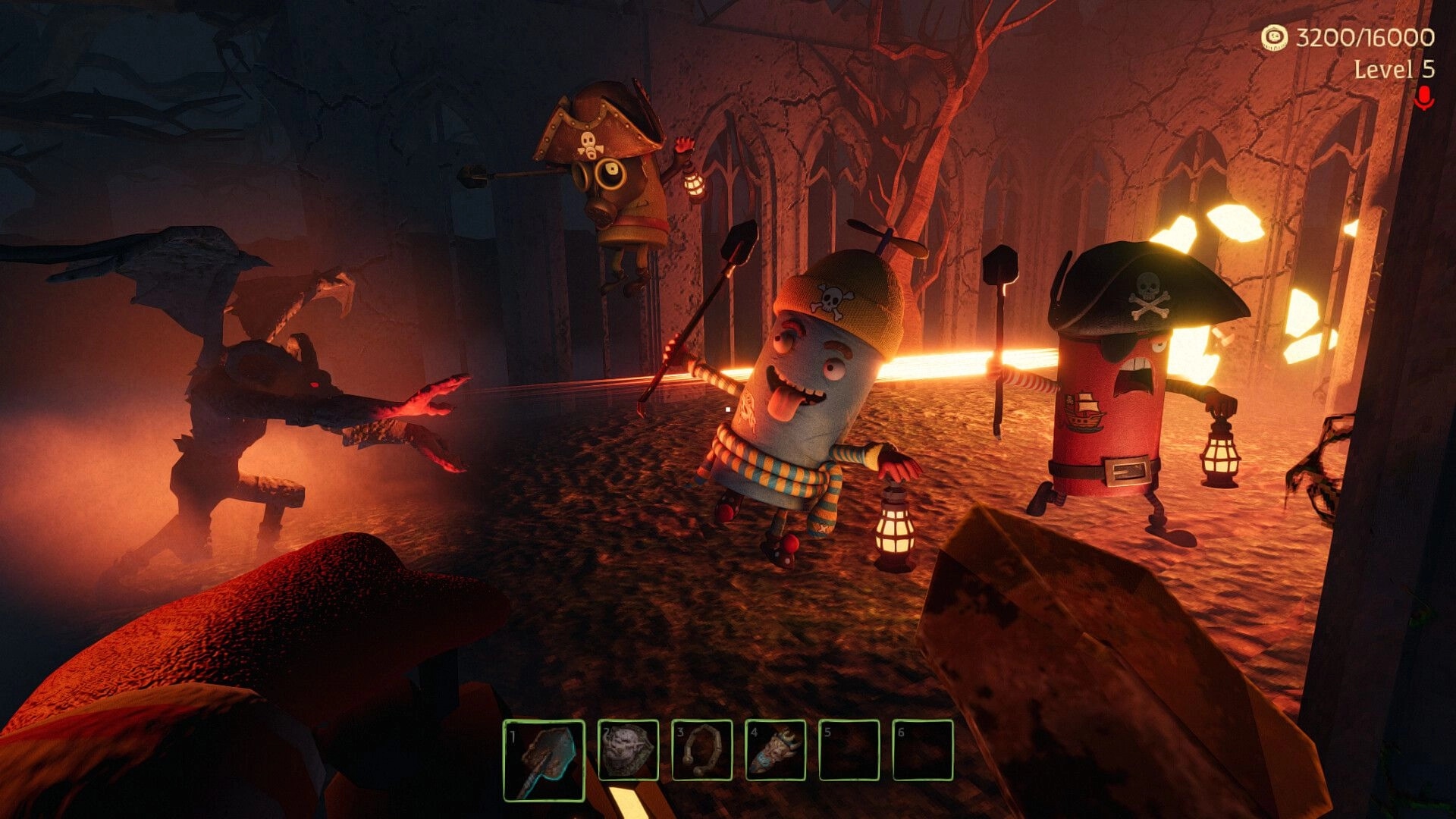 Dig, Dig, Die: Characters battle a winged monster in a dim graveyard, UI shows health and inventory.