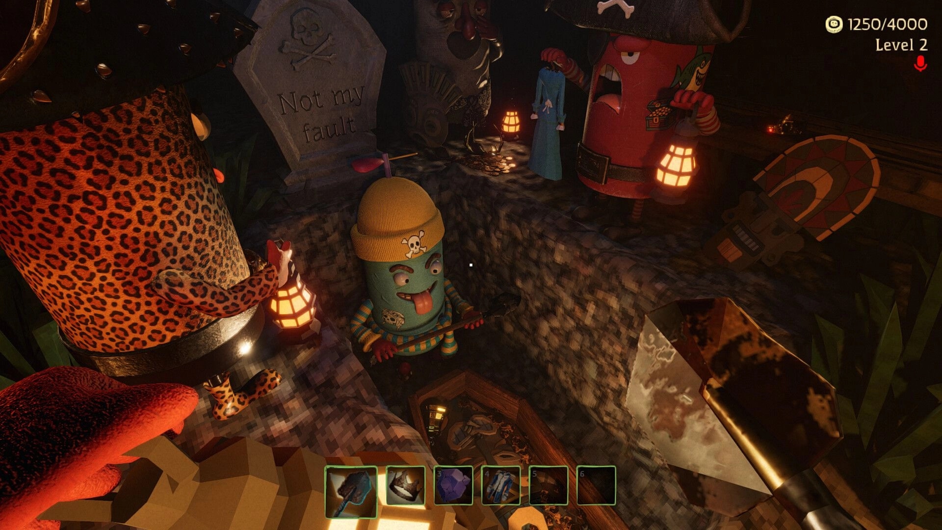 Dig, Dig, Die: Cartoon characters digging a grave with lanterns in a spooky graveyard setting.