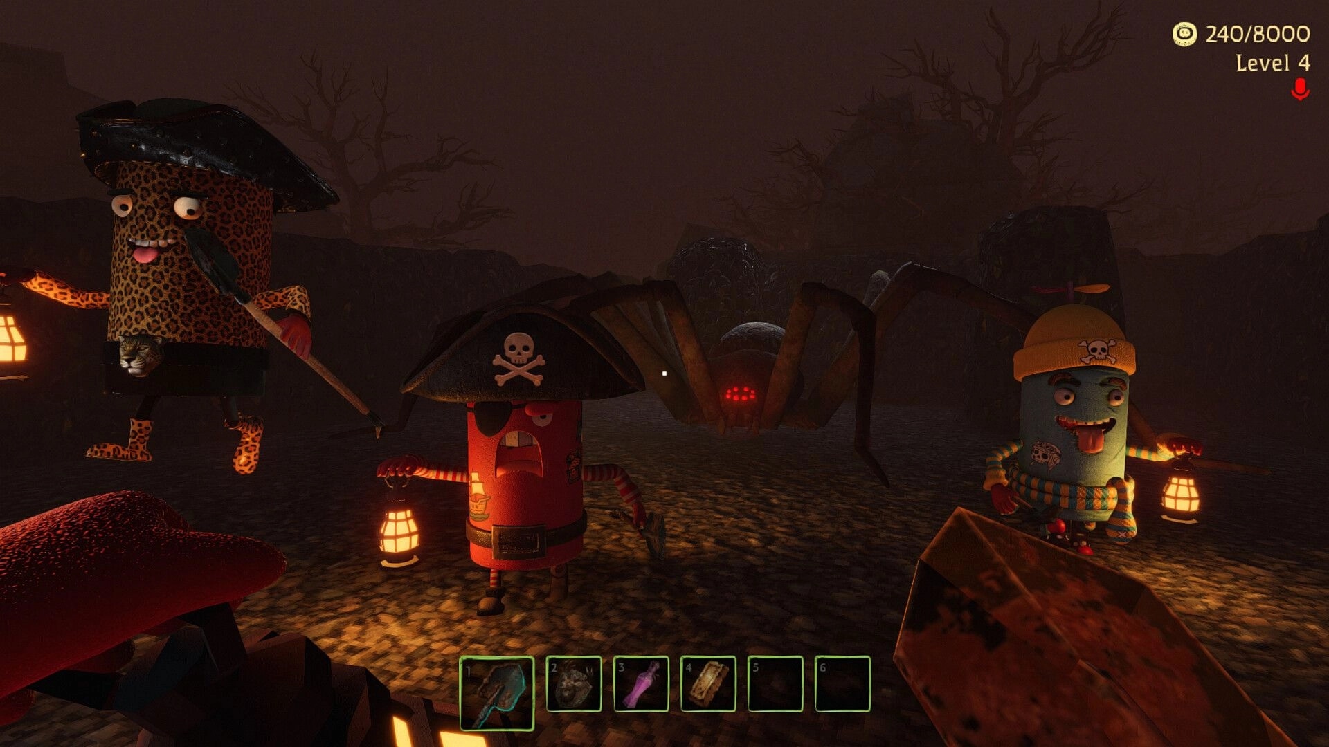 Dig, Dig, Die: Three quirky characters confront a giant spider at night in a haunted graveyard setting.