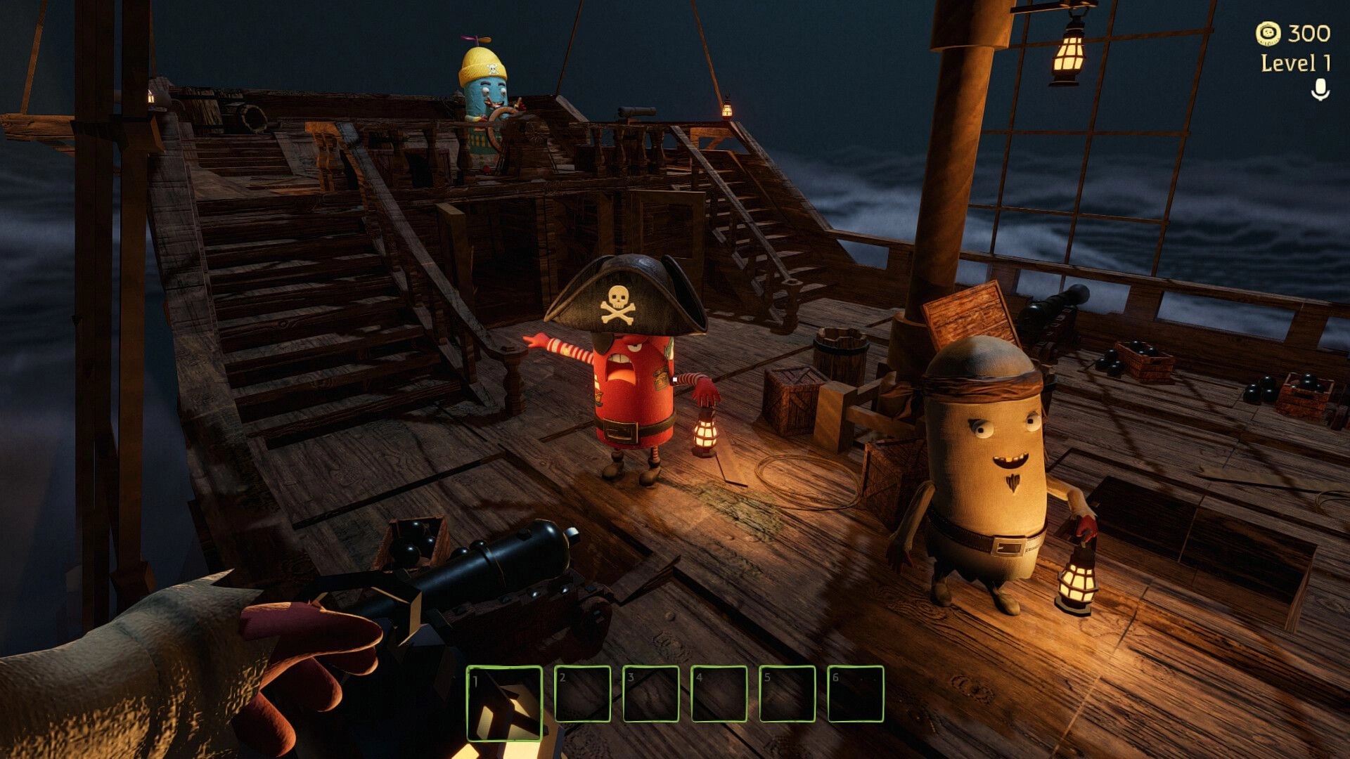 Dig, Dig, Die: Pirate characters on a wooden ship deck at night with lanterns and inventory UI visible.