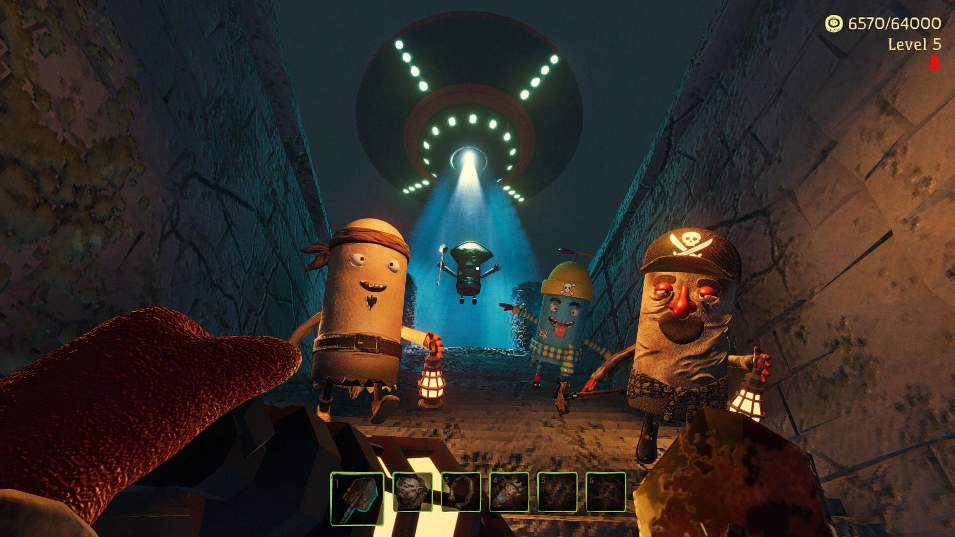 Dig, Dig, Die: Quirky characters flee from UFO beam in eerie corridor; inventory menu below.