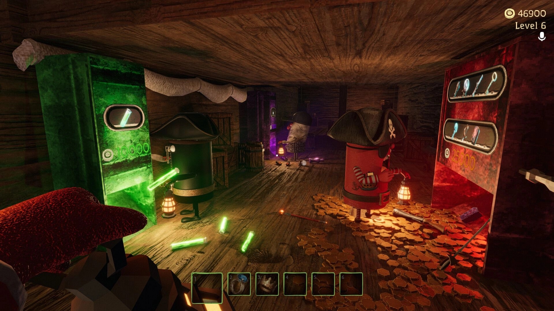 Dig, Dig, Die: Pirate characters at vending machines in dimly lit wooden ship with coins scattered on floor.