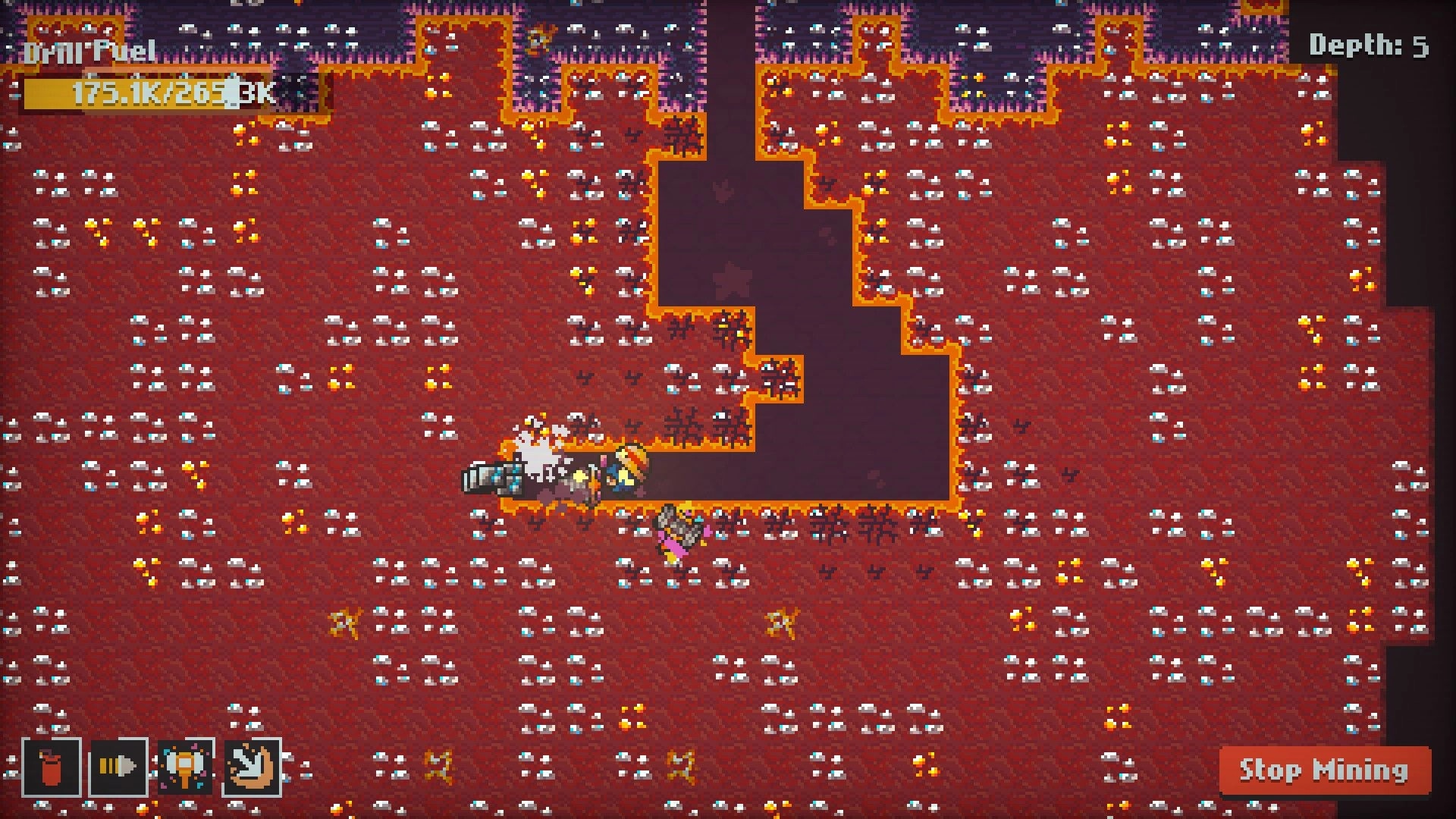 Diggin: Character drilling through ore-rich red terrain with depth indicator and mining controls displayed