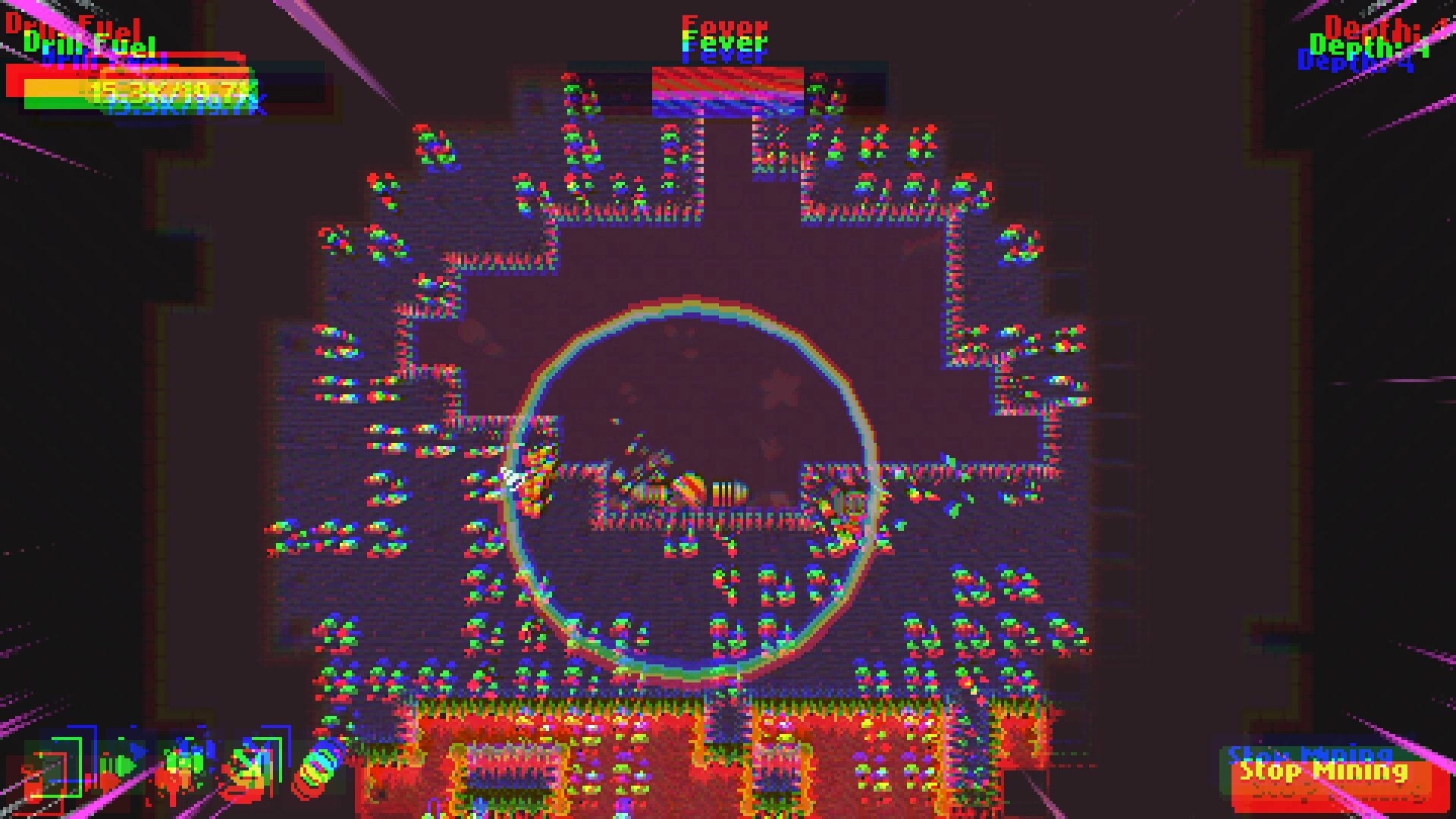 Diggin: Drilling machine mining through meteor crater with colorful ores and depth indicators visible