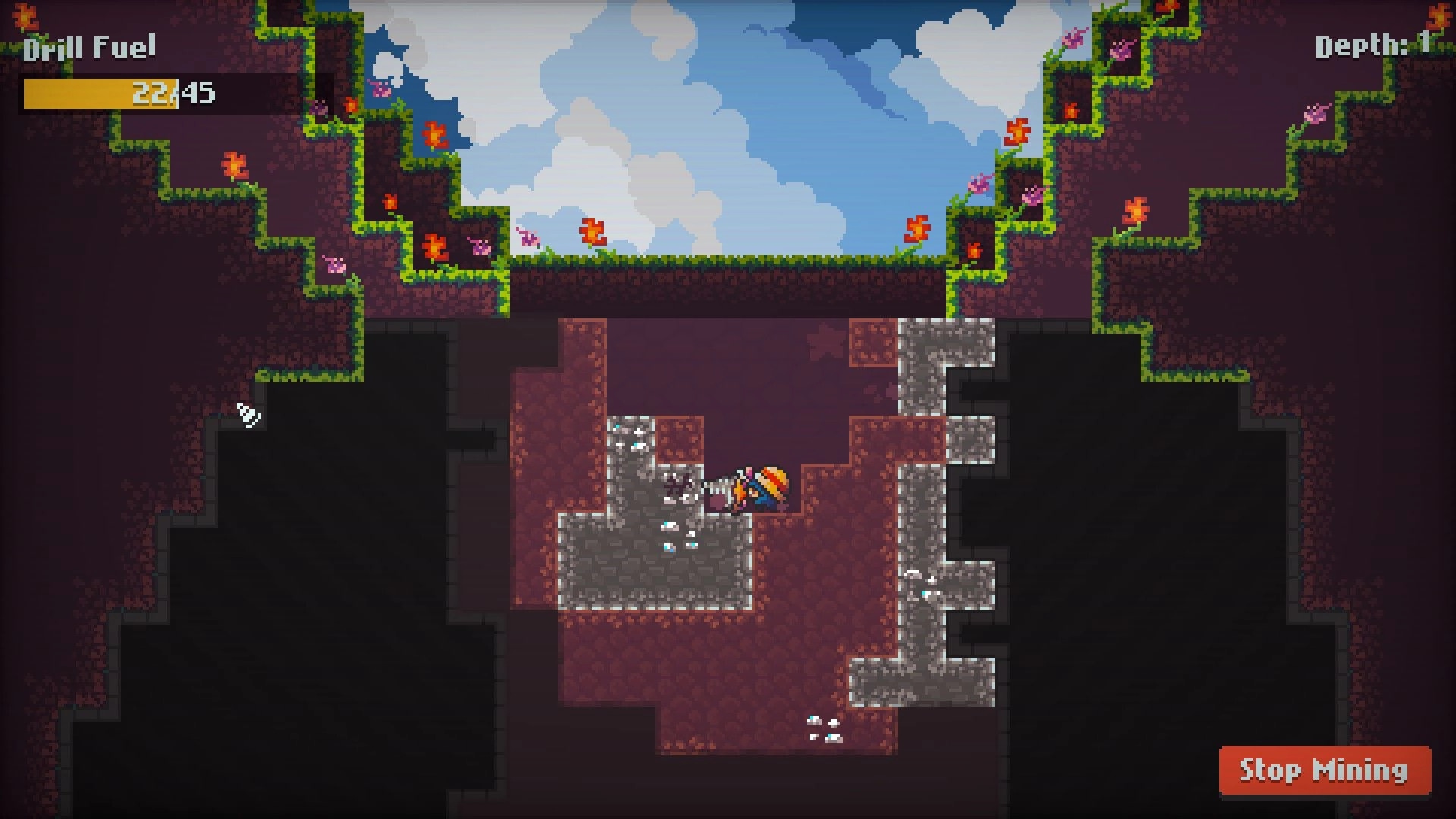 Diggin: Player drilling into meteor crater with drill fuel bar and stop mining button visible
