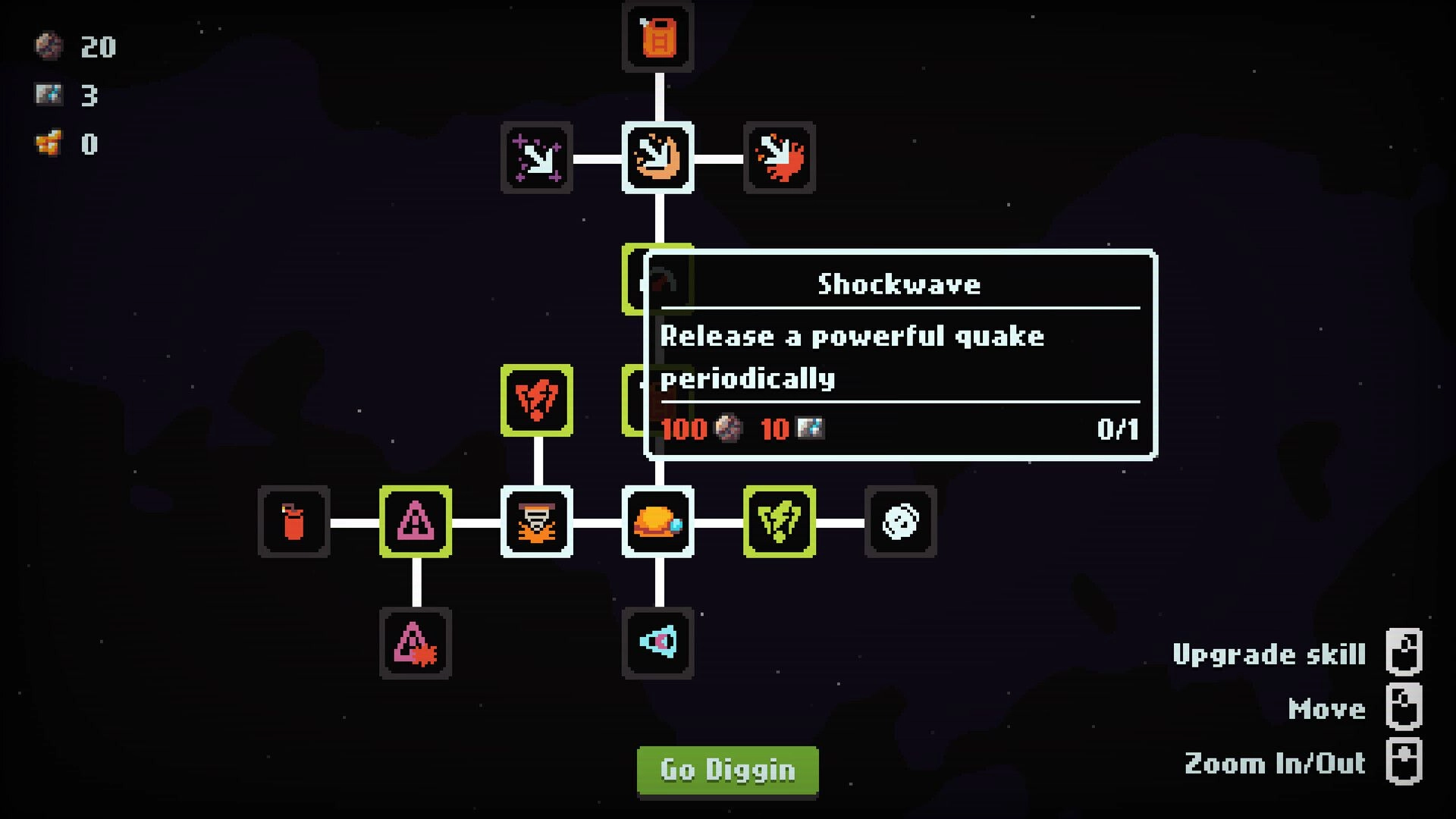 Diggin: Skill tree interface in dark space showing Shockwave upgrade option with resources displayed