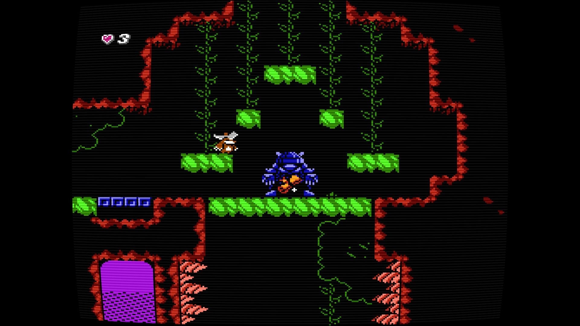 Diggy Diggy Mole: Mole faces a blue beetle enemy on green platforms in a vine-filled cave room UI hearts 3.