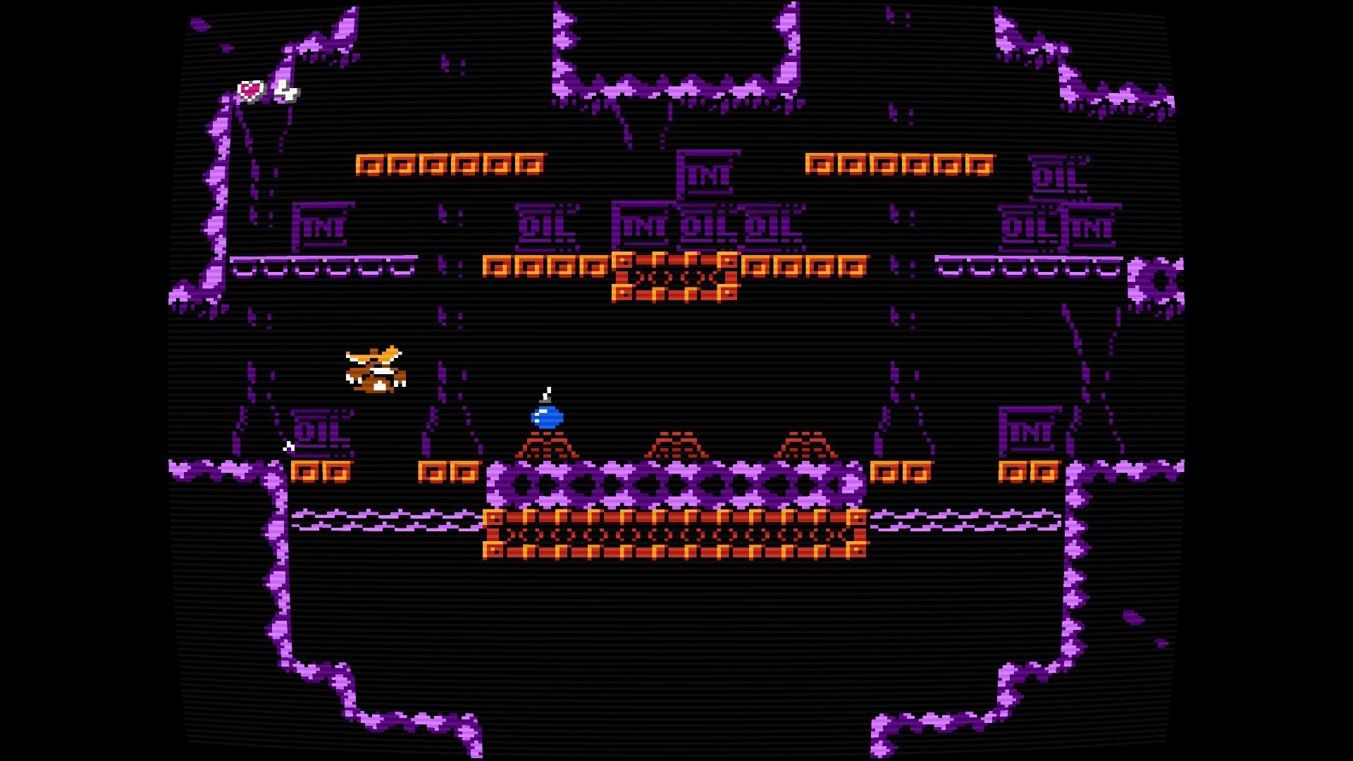 Diggy Diggy Mole: Mole jumps near a bomb pickup in purple caverns with oil blocks and platforms.