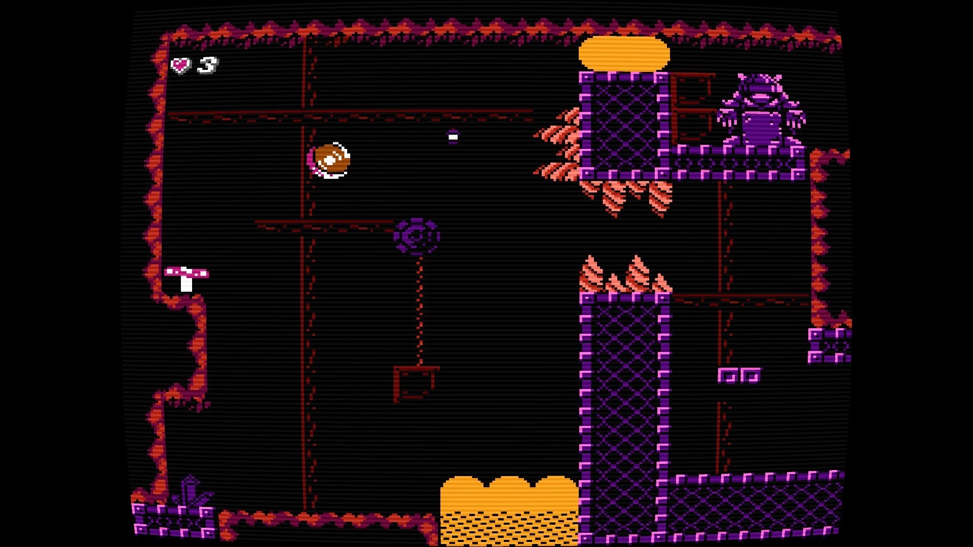 Diggy Diggy Mole: Mole jumps past spikes toward purple statue in dark cavern with heart UI 3.