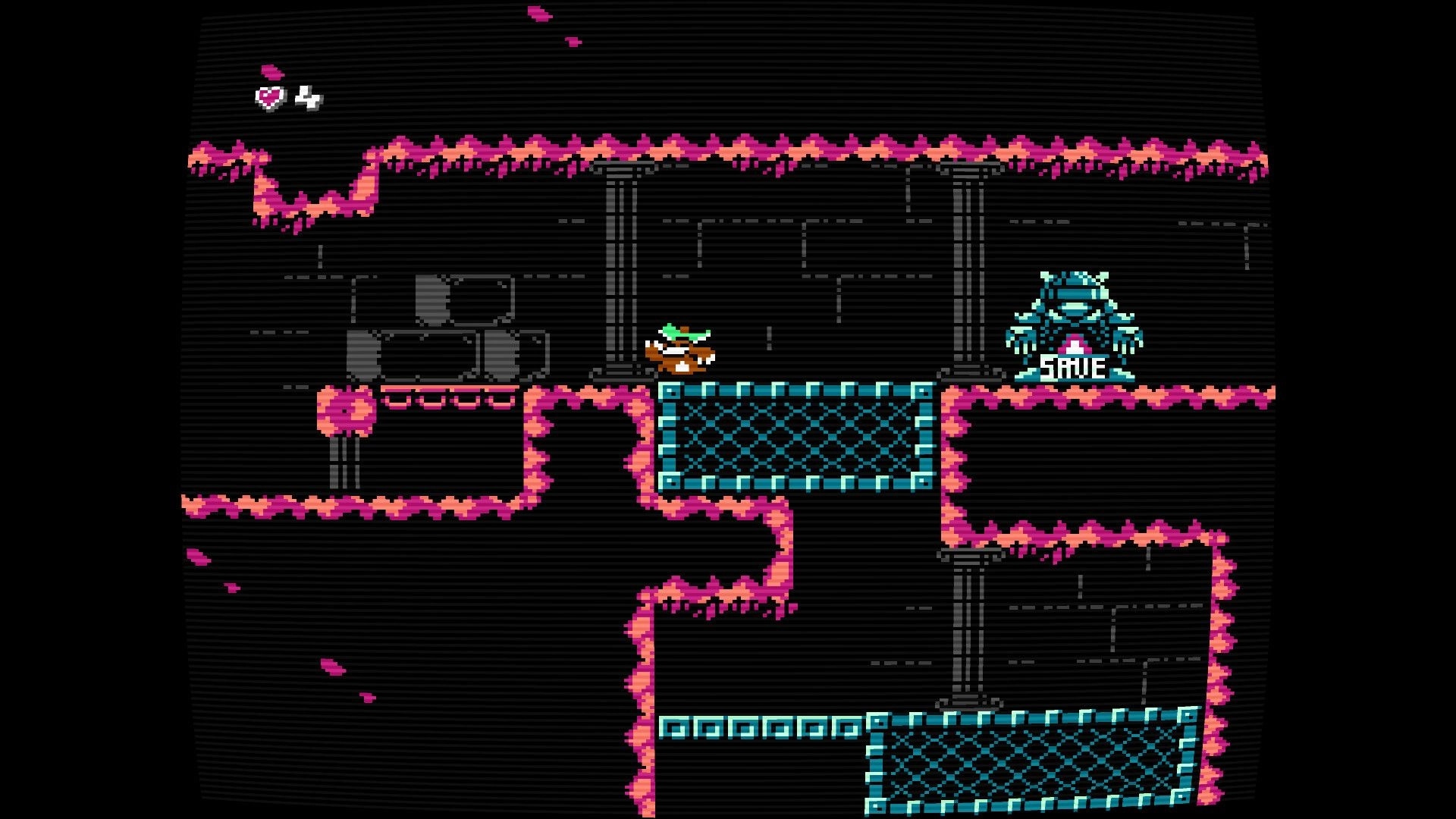 Diggy Diggy Mole: Mole stands on a platform near a SAVE statue in a neon-edged cavern room.