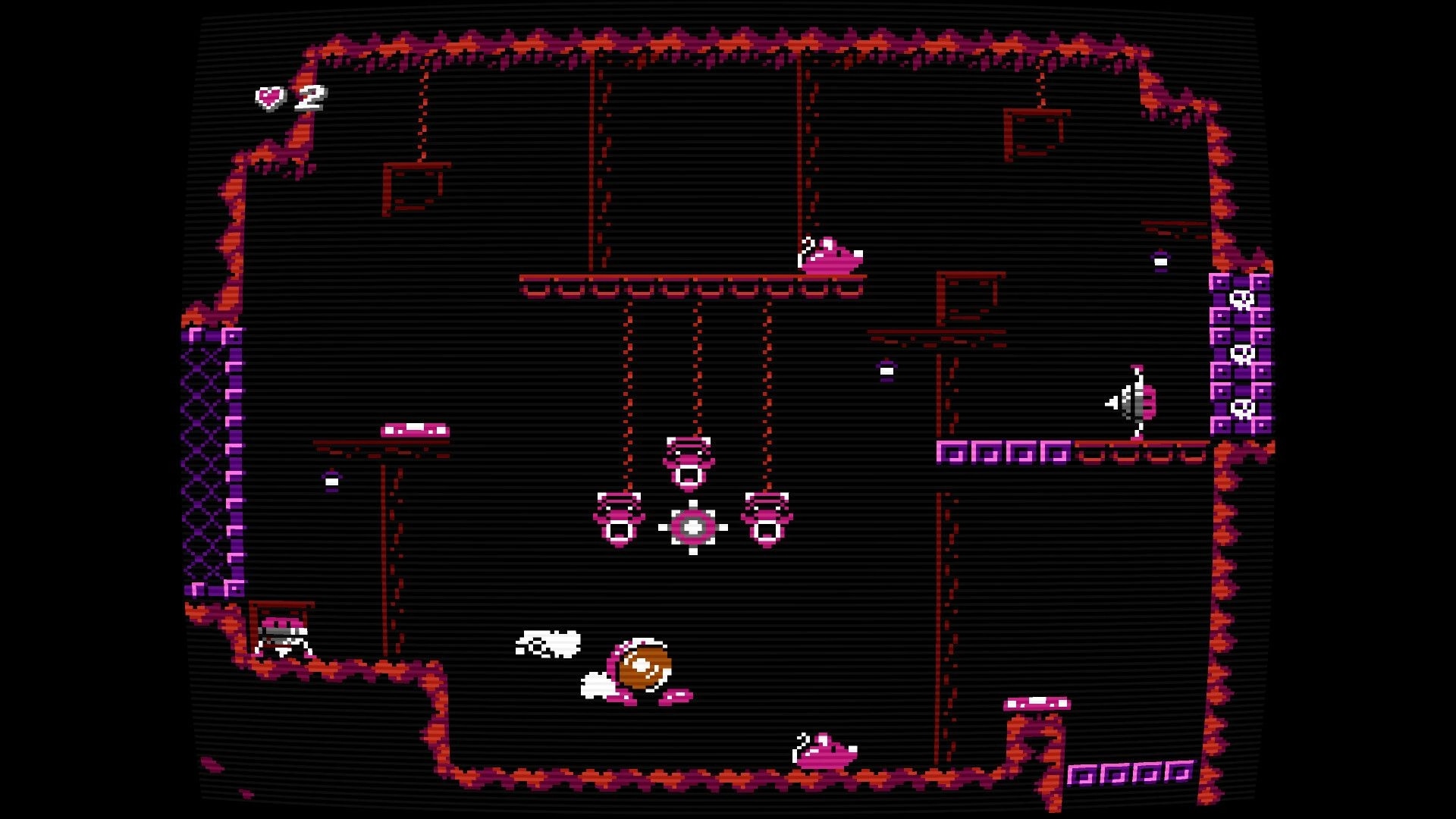 Diggy Diggy Mole: Mole dodges drill enemy and hanging hazards in a dark cavern room with heart UI 2.