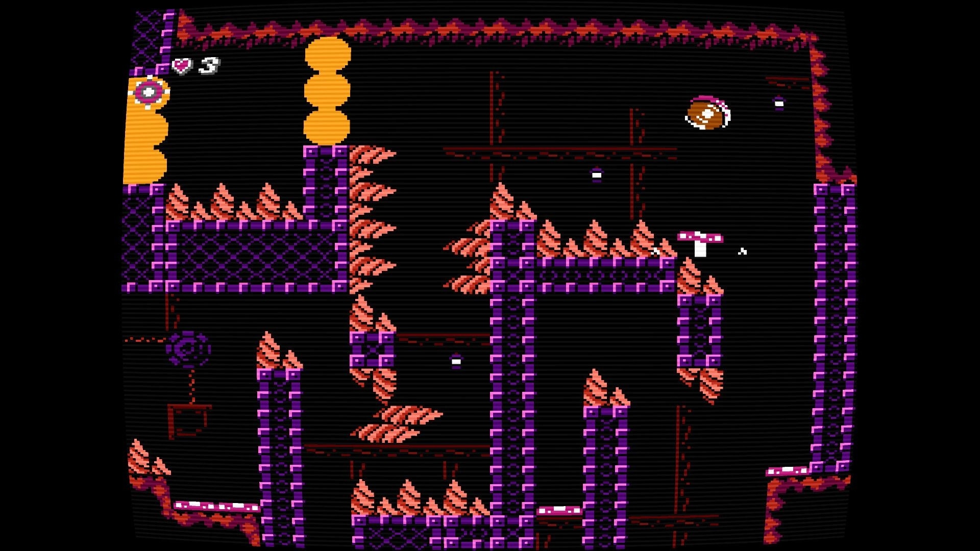 Diggy Diggy Mole: Mole mid-jump past spike traps in purple cavern platform room, heart UI shows 3 lives.