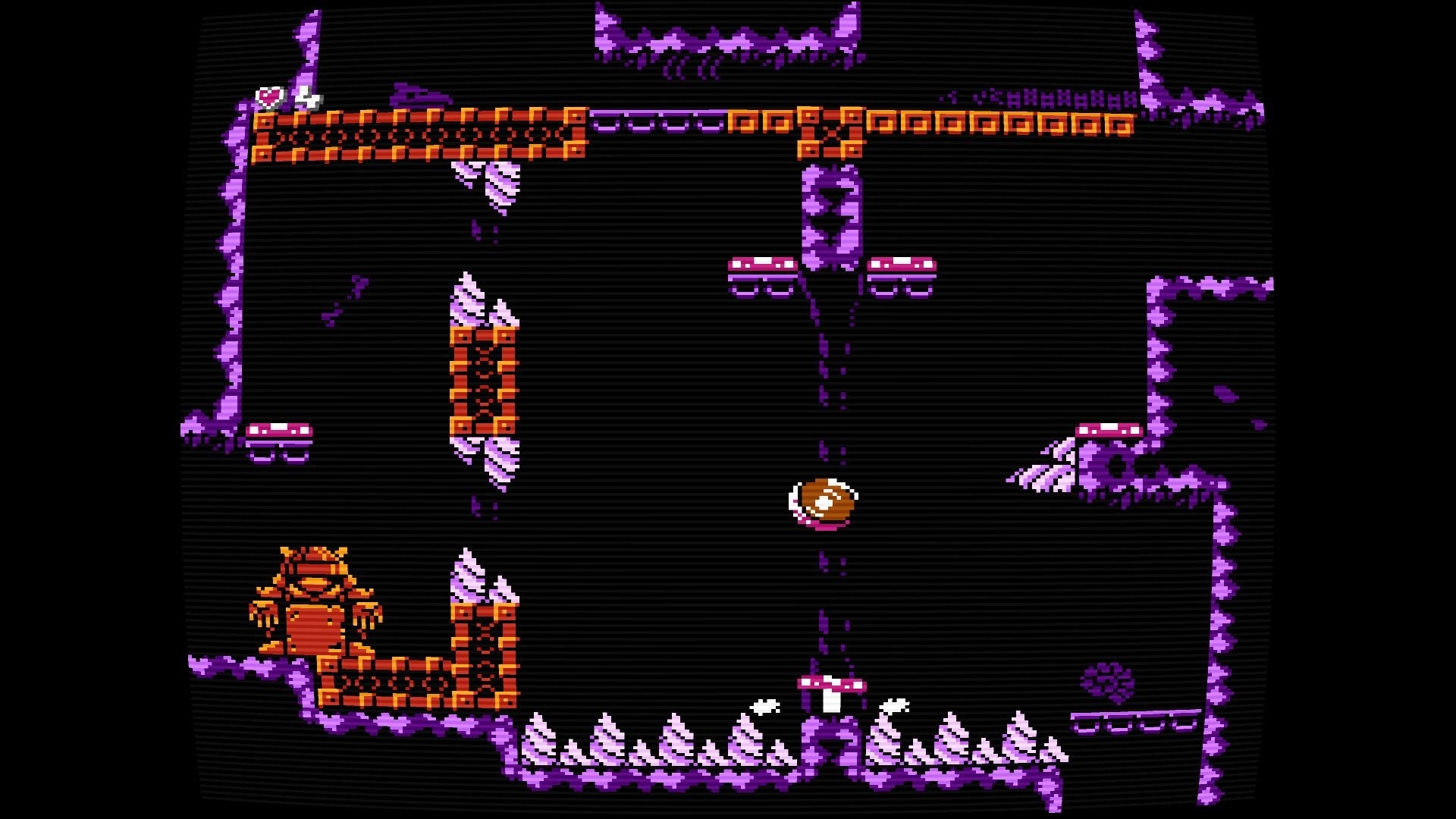 Diggy Diggy Mole: Mole jumps between platforms over spikes in purple cave, 4-heart HUD visible.