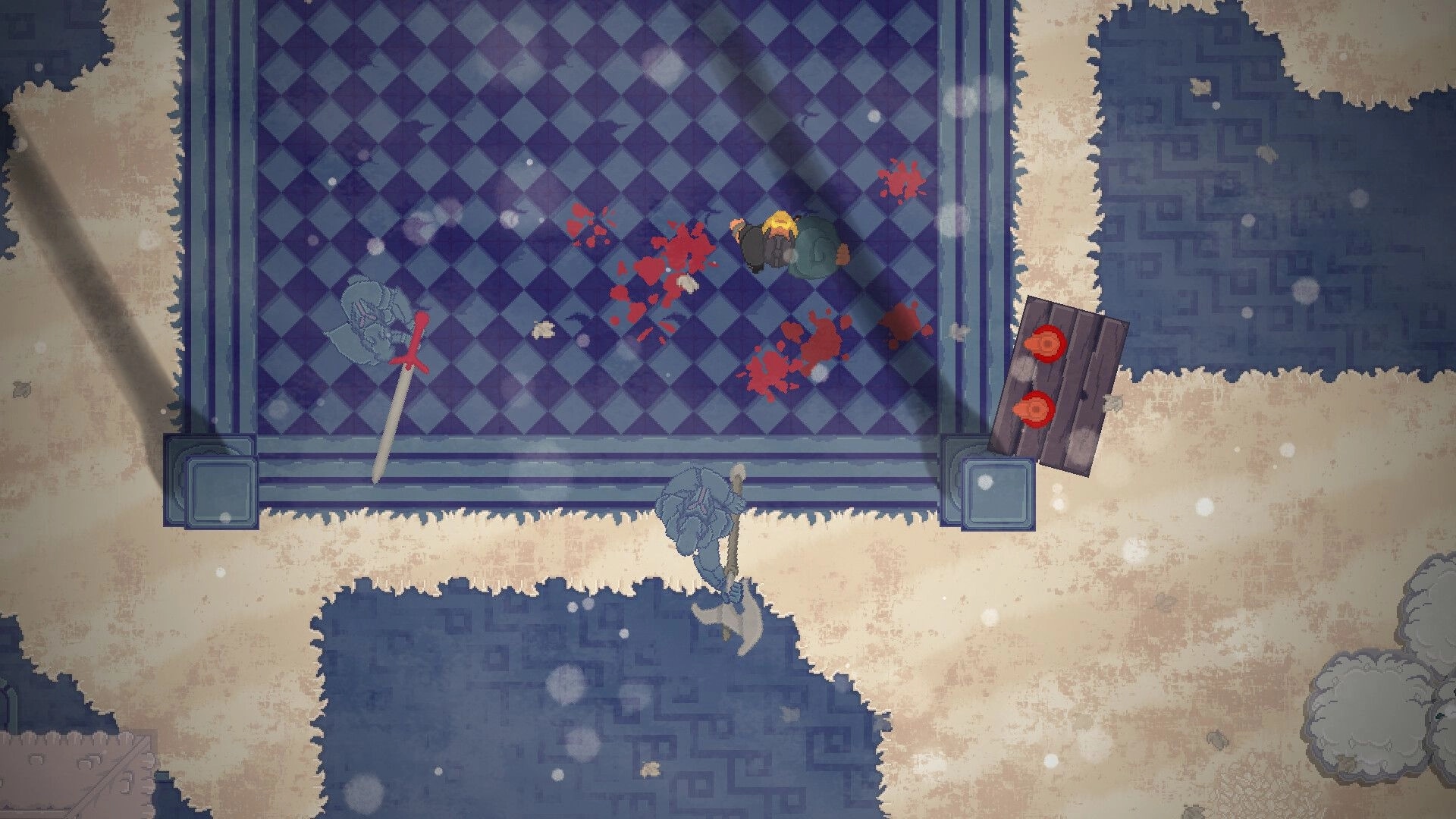Dimakerus: Overhead view of a fallen character and blood splatters on blue tiled corridor floor.