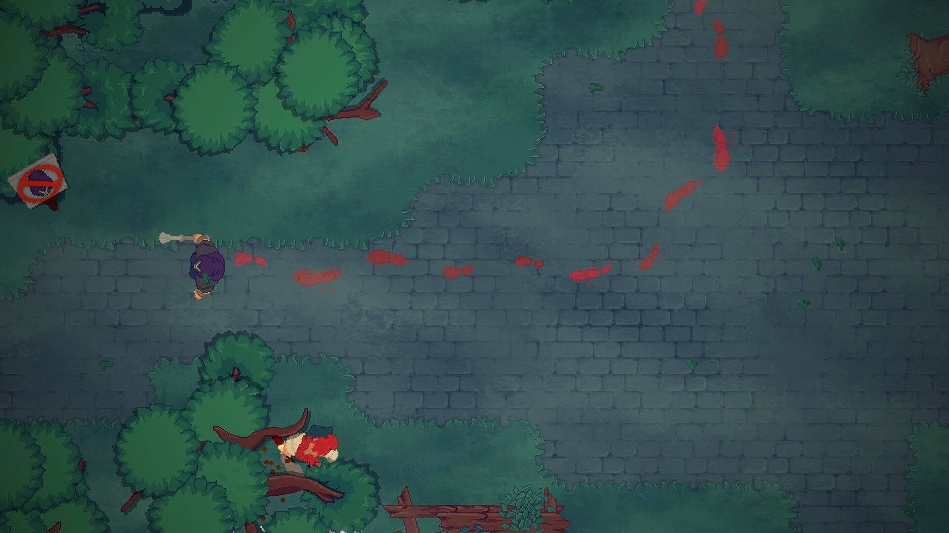 Dimakerus: Purple-cloaked character aims a pistol by blood footprints on a moonlit stone road in woods.