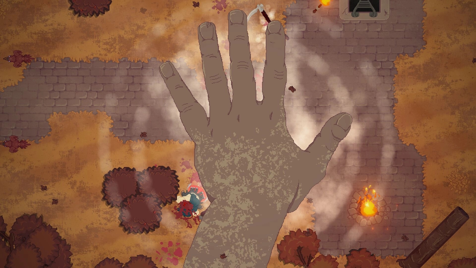 Dimakerus: Giant spectral hand slams down near a dead body on a torchlit stone courtyard path.