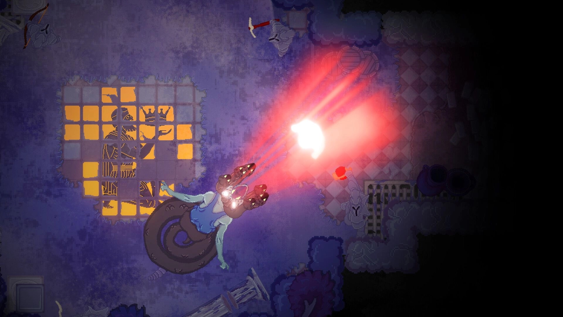 Dimakerus: Player fires red energy blast at an enemy in a shadowy tiled catacomb corridor.