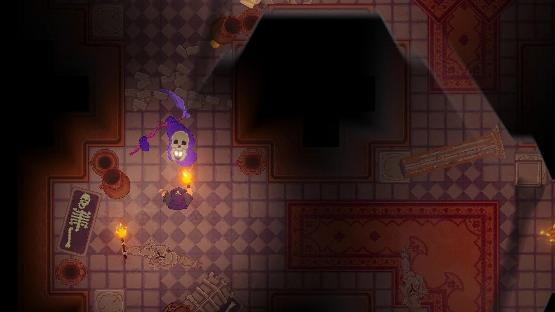 Dimakerus: Hooded figure with skull mask confronts torchbearer in dim tiled catacomb room.