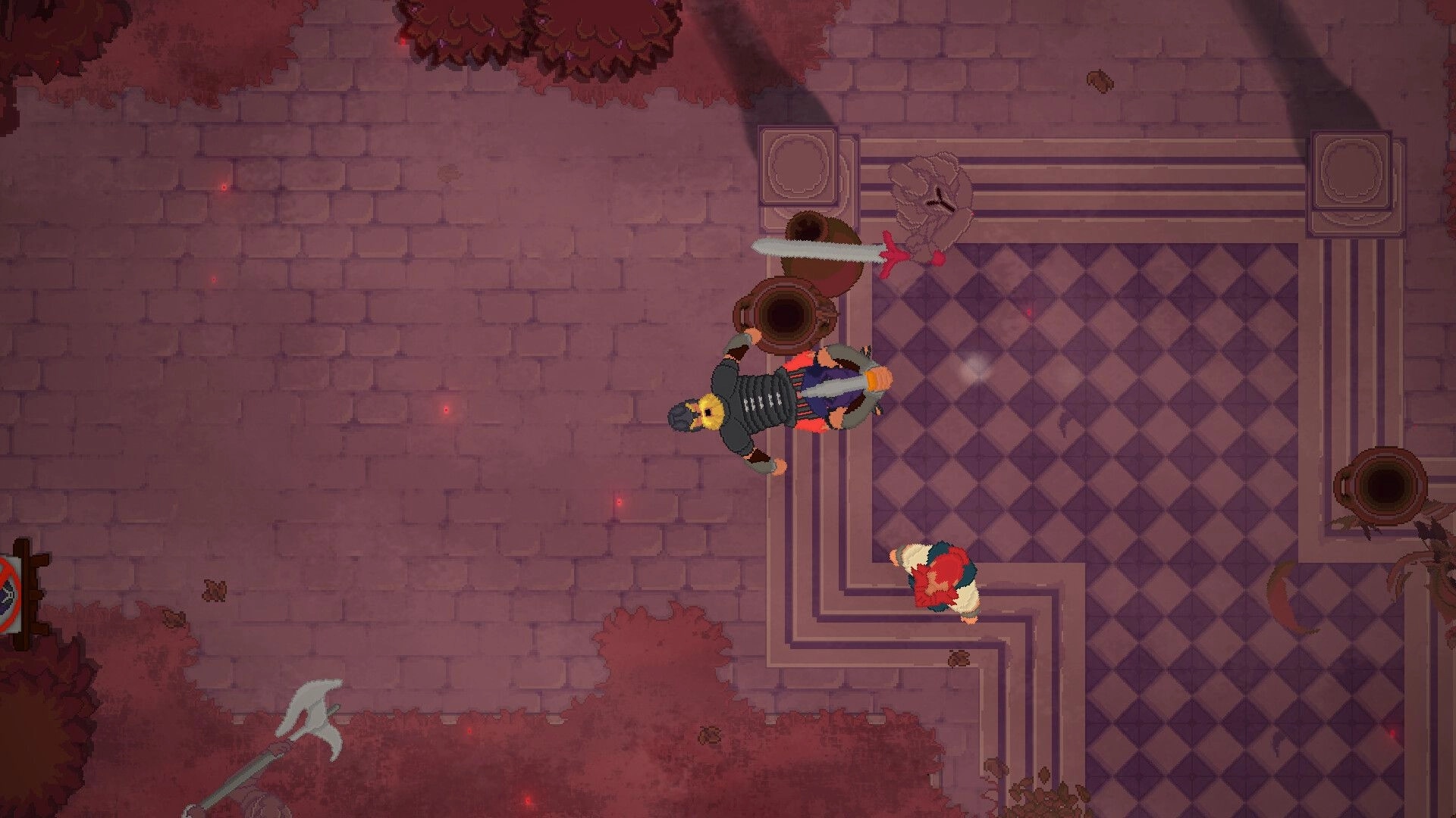 Dimakerus: Top-down knight attacks with sword beside downed body on tiled courtyard walkway.