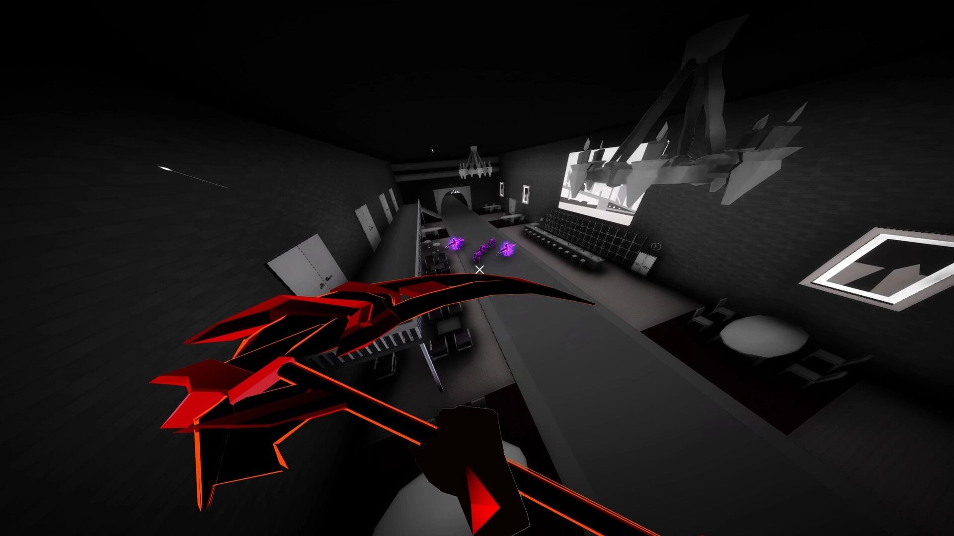Dimenshot: First-person view aiming a red bladed melee weapon at glowing foes in a dark hall.