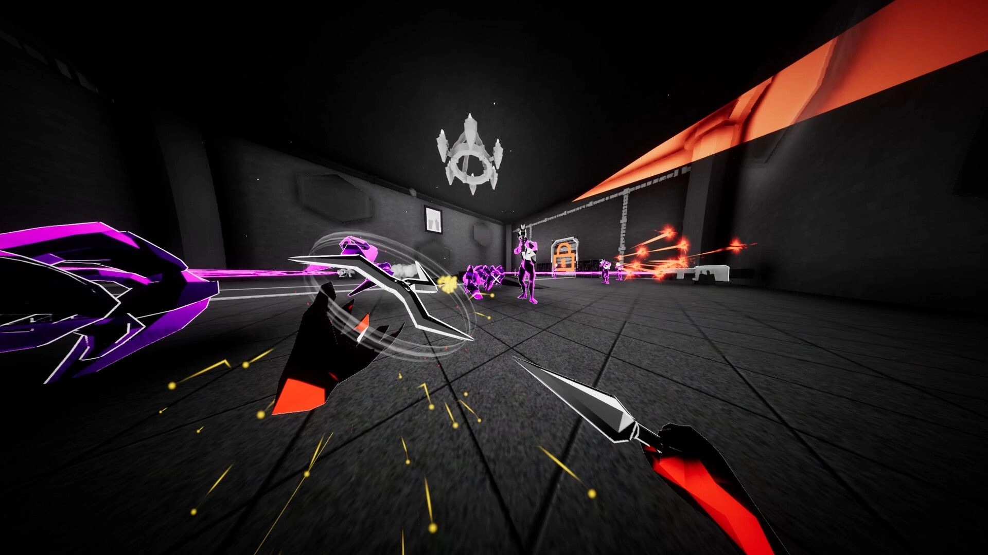 Dimenshot: First-person melee slash at neon enemies in dark arena with lock icon and laser fire.